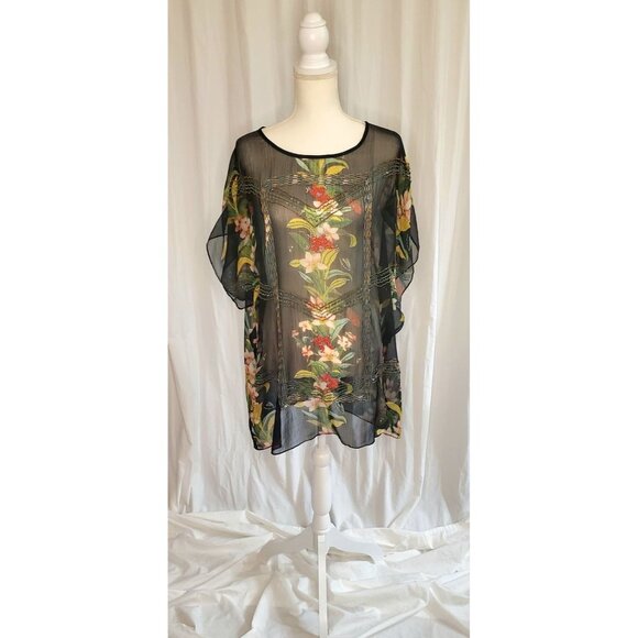 Alberto Makali Sheer Tunic Top Women Size XL Floral Beaded Art Boho Lagenlook - Picture 1 of 12